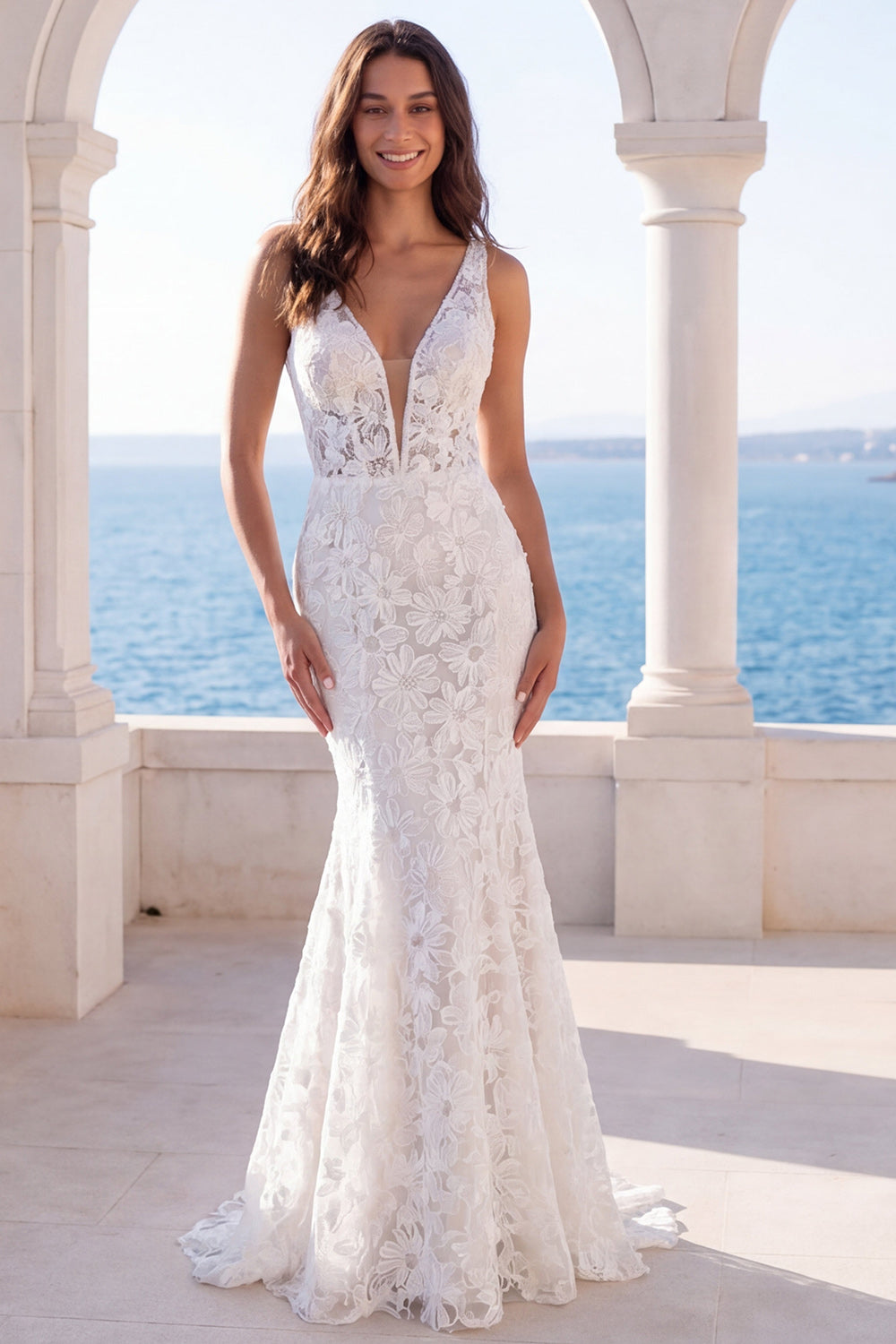 Floral Ivory Lace Mermaid Boho Long Beach Wedding Dress