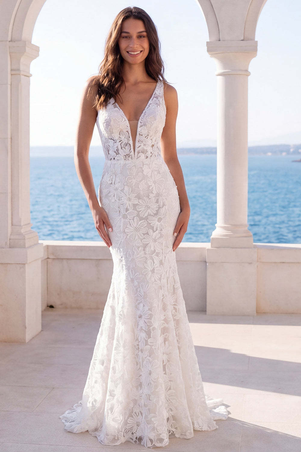Leely Women Floral Ivory Lace Mermaid Boho Long Beach Wedding Dress V Neck Sleeveless Bridal Dress