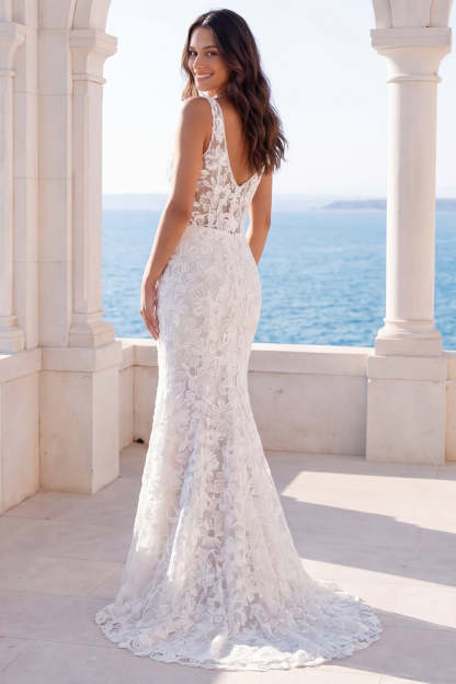 Floral Ivory Lace Mermaid Boho Long Beach Wedding Dress