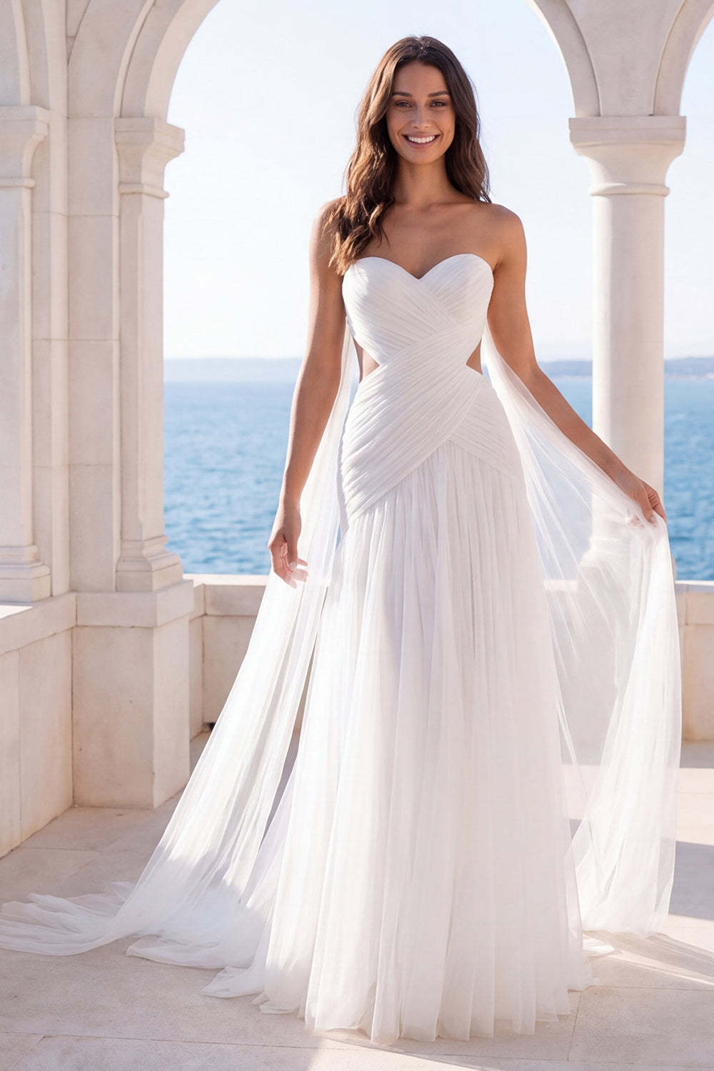 Leely Women Pleated A Line Ivory Long Beach Wedding Dress Sweetheart Backless Sleeveless Bridal Dress