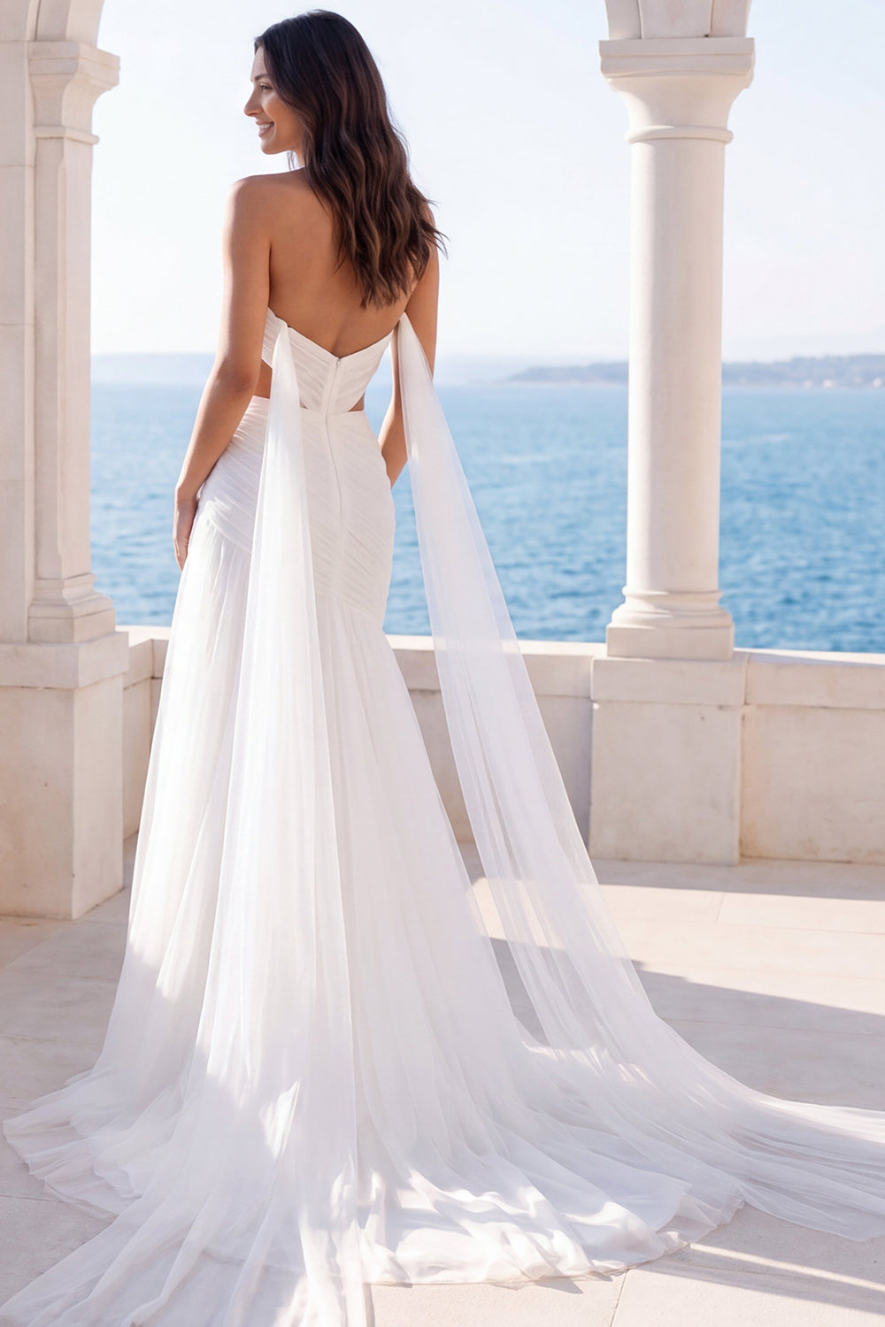 Pleated A Line Ivory Long Beach Wedding Dress