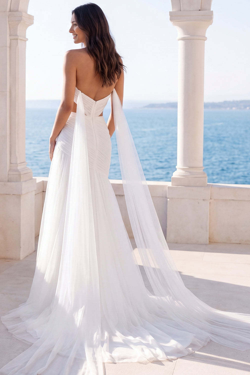 Pleated A Line Ivory Long Beach Wedding Dress