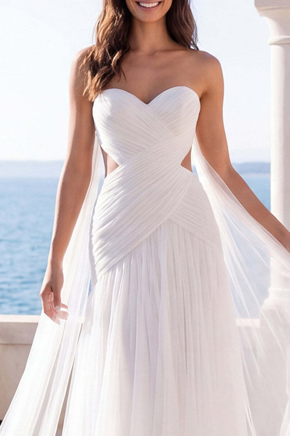 Pleated A Line Ivory Long Beach Wedding Dress
