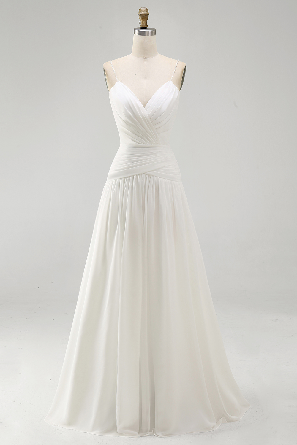 A Line Pleated Ivory Spaghetti Straps Long Beach Wedding Dress