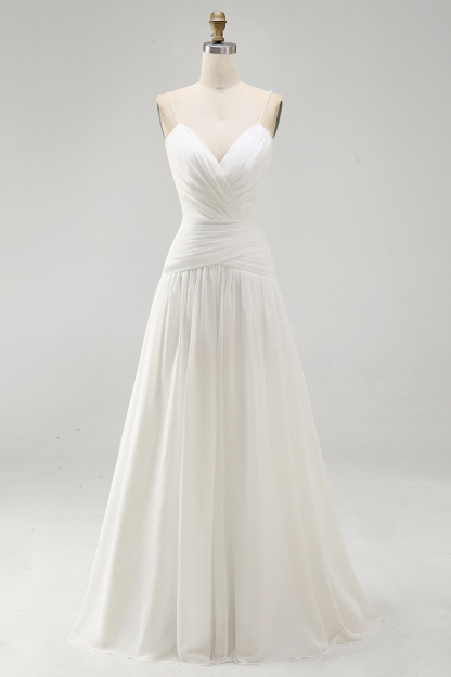 A Line Pleated Ivory Spaghetti Straps Long Beach Wedding Dress