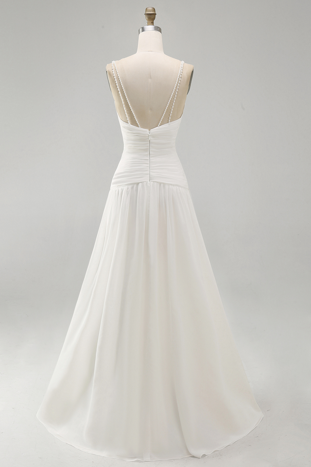 A Line Pleated Ivory Spaghetti Straps Long Beach Wedding Dress