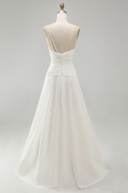 A Line Pleated Ivory Spaghetti Straps Long Beach Wedding Dress