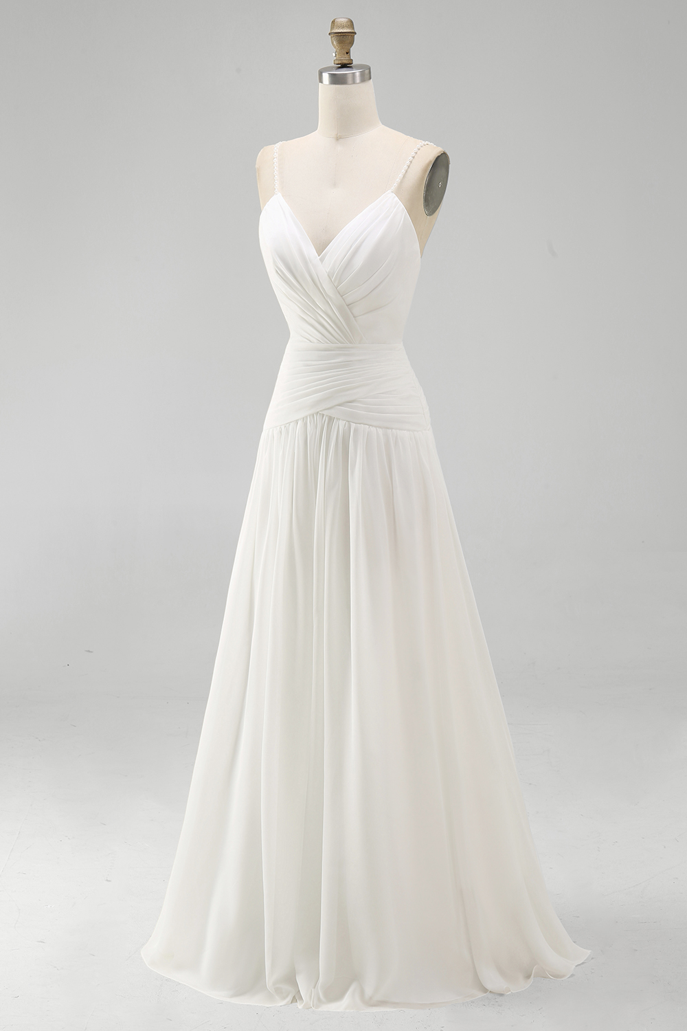 A Line Pleated Ivory Spaghetti Straps Long Beach Wedding Dress