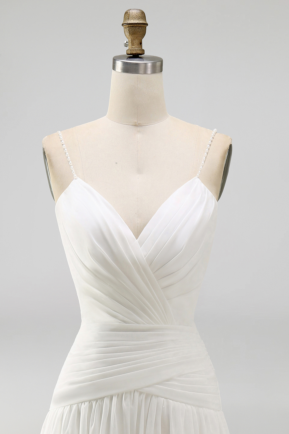 A Line Pleated Ivory Spaghetti Straps Long Beach Wedding Dress