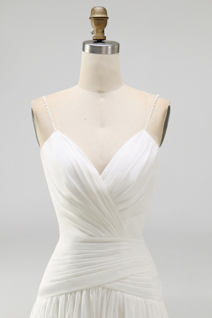 A Line Pleated Ivory Spaghetti Straps Long Beach Wedding Dress