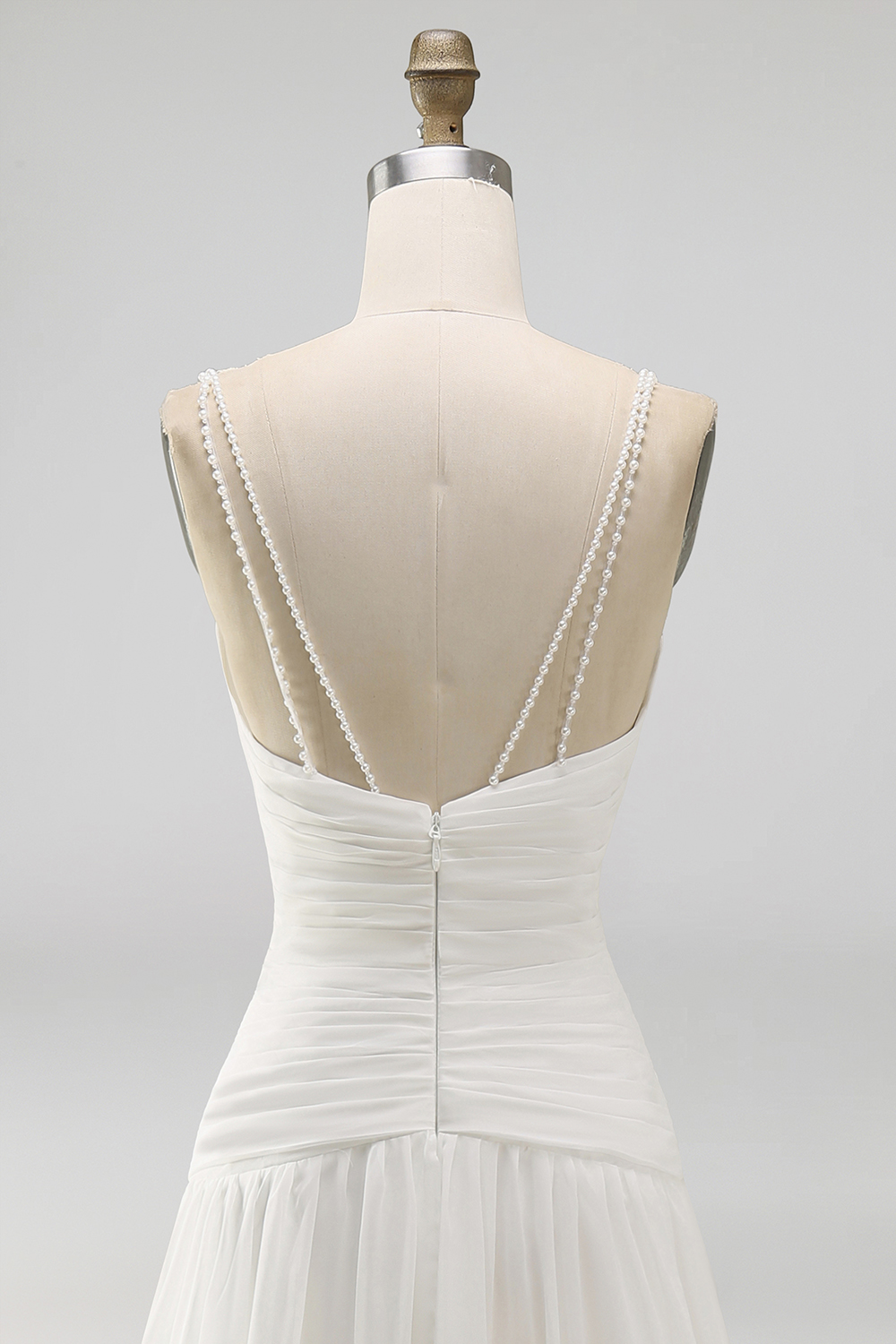 A Line Pleated Ivory Spaghetti Straps Long Beach Wedding Dress