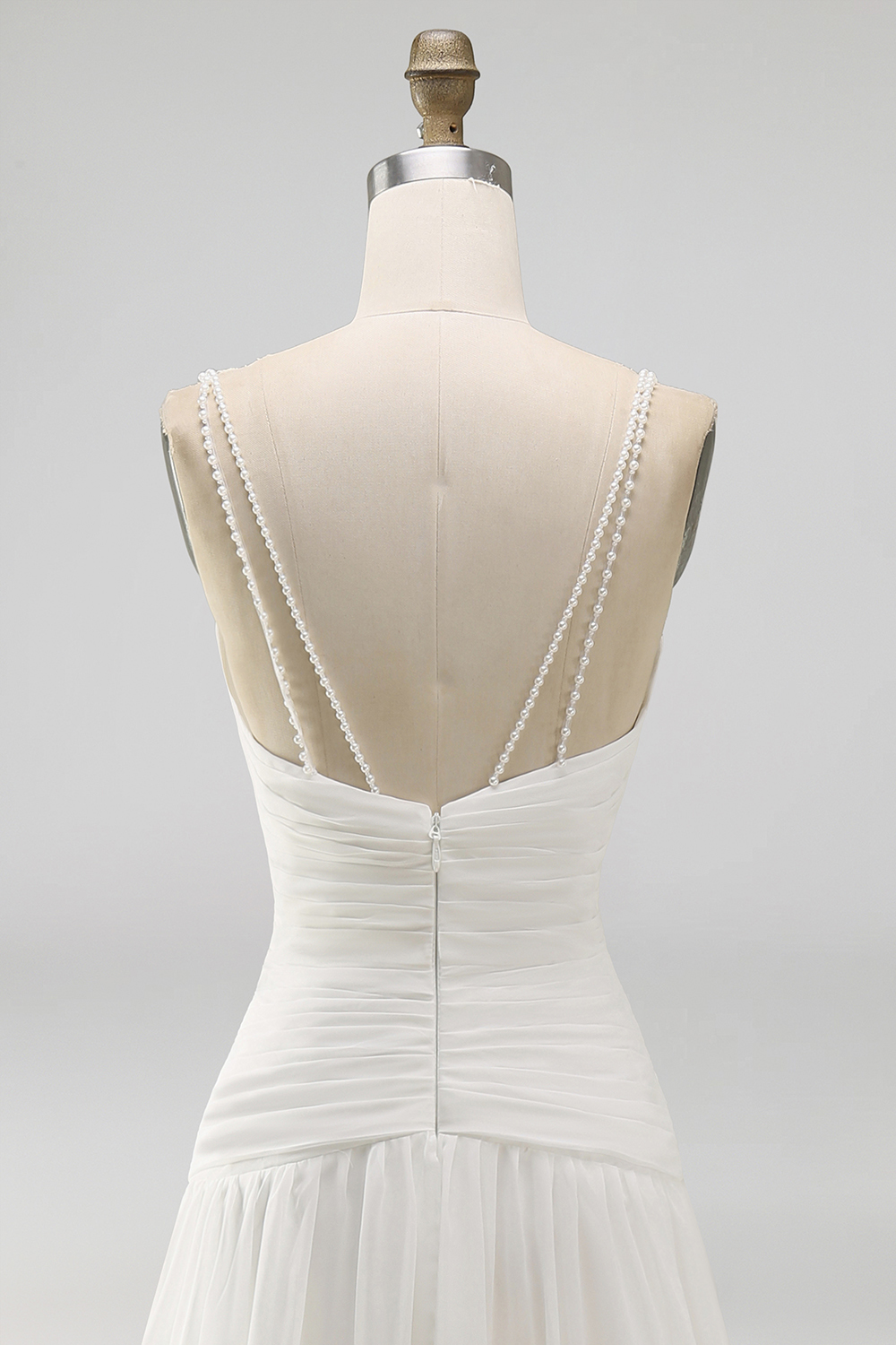A Line Pleated Ivory Spaghetti Straps Long Beach Wedding Dress