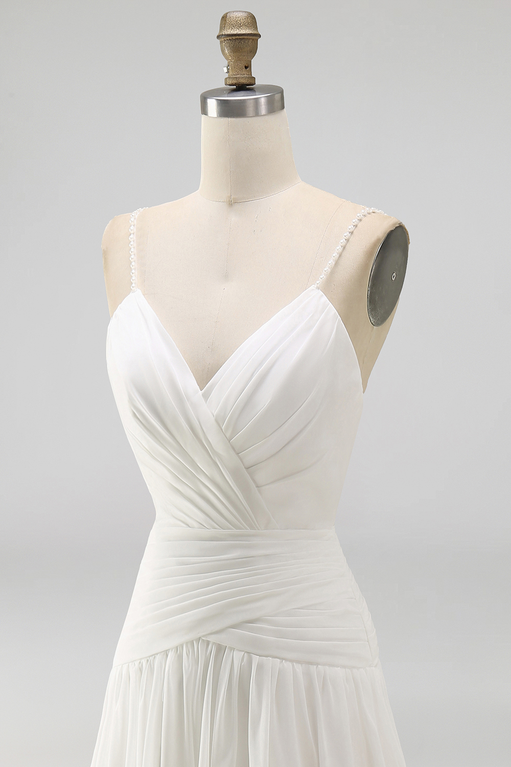 A Line Pleated Ivory Spaghetti Straps Long Beach Wedding Dress