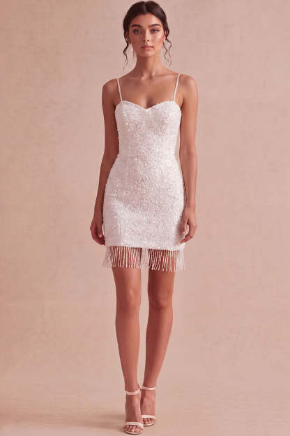 Leely Women Sparkly Sequined Ivory Short Bodycon Bridal Shower Dress with Tassel Spaghetti Straps Sleeveless Little White Dress