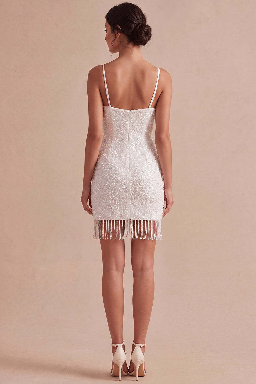 Sparkly Sequined Ivory Short Bodycon Bridal Shower Dress with Tassel