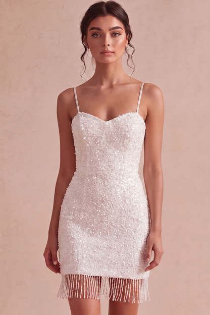 Sparkly Sequined Ivory Short Bodycon Bridal Shower Dress with Tassel