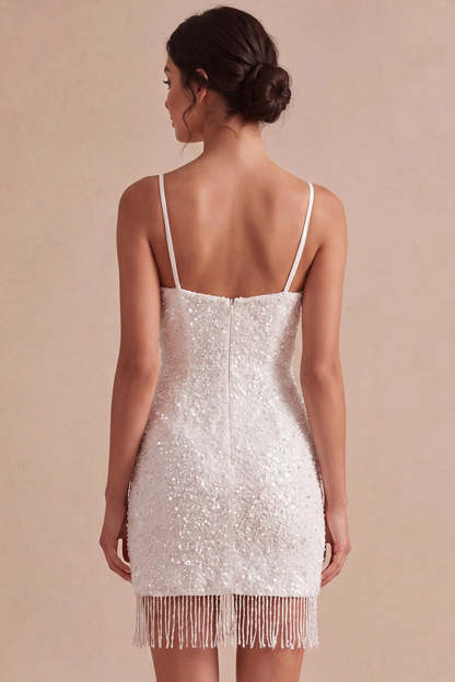 Sparkly Sequined Ivory Short Bodycon Bridal Shower Dress with Tassel