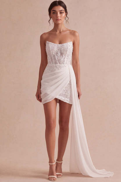 Leely Women Sparkly Sequined Ivory Short Bodycon Bridal Shower Dress with Side Cape Corset Sleeveless Little White Dress