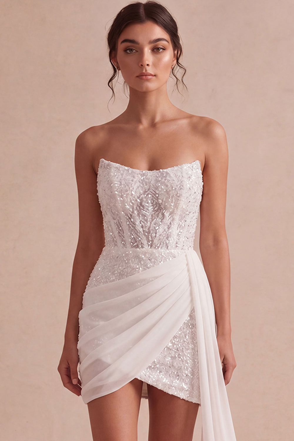 Sparkly Sequined Ivory Short Corset Bodycon Bridal Shower Dress with Side Cape