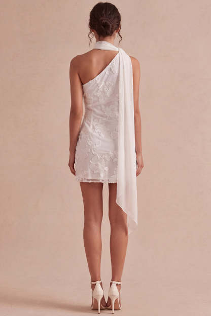 Ivory Short Bodycon Appliqued Bridal Shower Dress with Neck Scarf