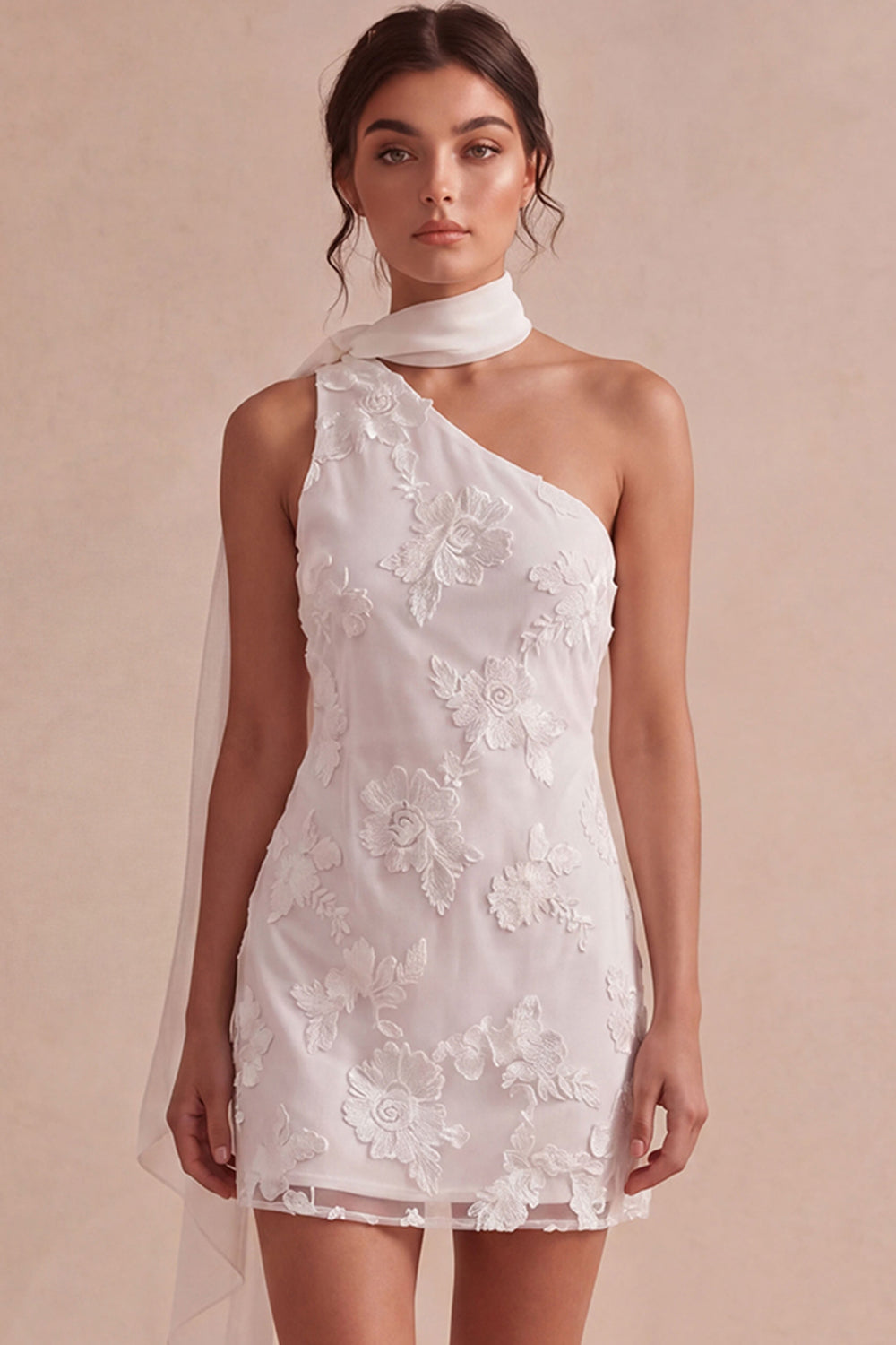 Ivory Short Bodycon Appliqued Bridal Shower Dress with Neck Scarf