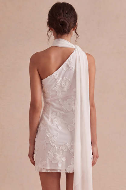 Ivory Short Bodycon Appliqued Bridal Shower Dress with Neck Scarf
