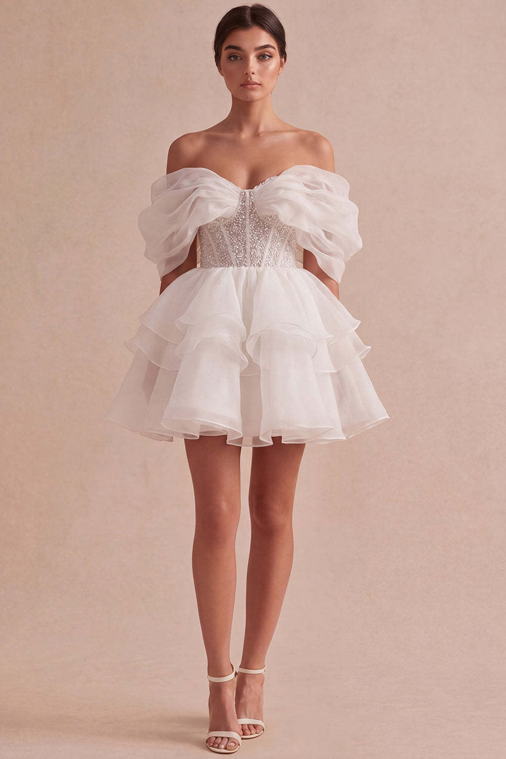 Leely Women Ivory Short A Line Bridal Shower Dress with Ruffles Off the Shoulder Corset Tiered Sleeveless Little White Dress with Sequins