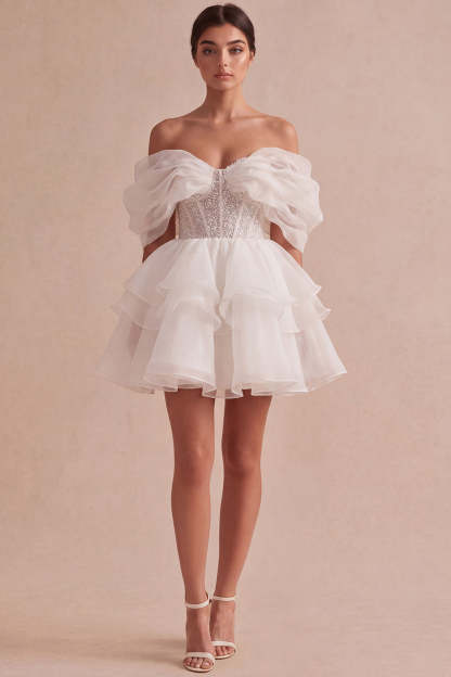 Leely Women Ivory Short A Line Bridal Shower Dress with Ruffles Off the Shoulder Corset Tiered Sleeveless Little White Dress with Sequins