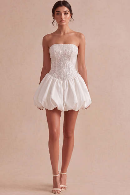 Leely Women Ivory Short A Line Bubble Bridal Shower Dress with Sequins Strapless Corset Sleeveless Little White Dress