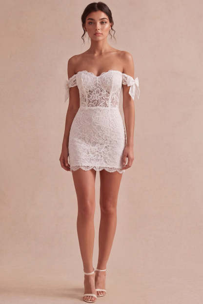 Leely Women Ivory Short Bodycon Lace Bridal Shower Dress with Bows Off the Shoulder Corset Sleeveless Little White Dress