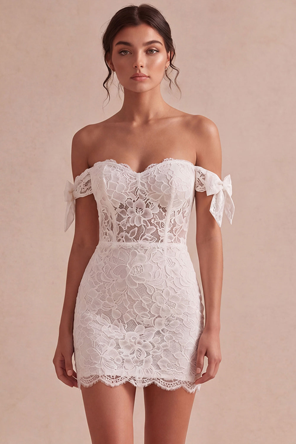 Ivory Short Lace Corset Bodycon Bridal Shower Dress with Bows