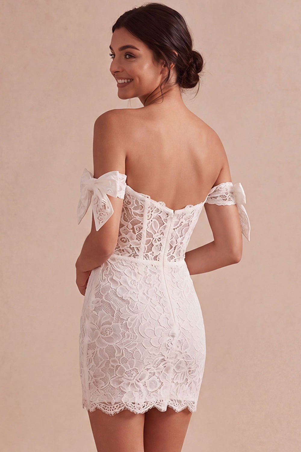 Ivory Short Lace Corset Bodycon Bridal Shower Dress with Bows