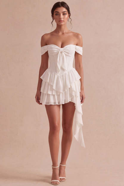 Leely Women Ivory Short A Line Tiered Bridal Shower Dress with Bows Off the Shoulder Corset Sleeveless Little White Dress with Ruffles