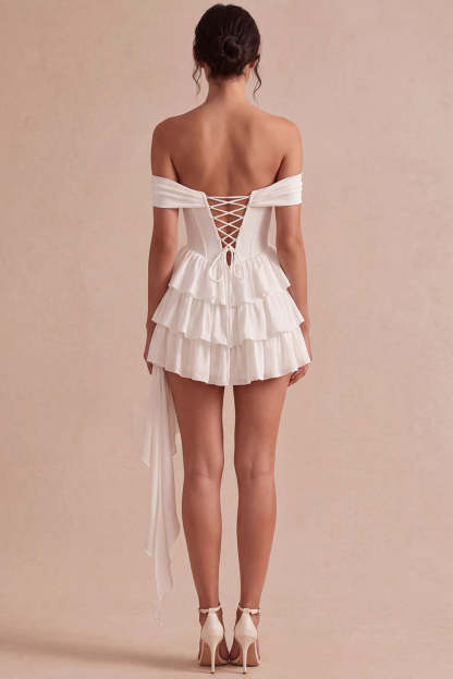 Ivory Short Corset Tiered Bridal Shower Dress with Ruffles
