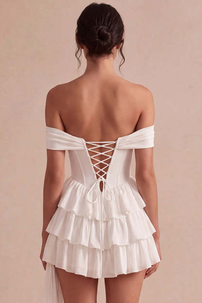 Ivory Short Corset Tiered Bridal Shower Dress with Ruffles