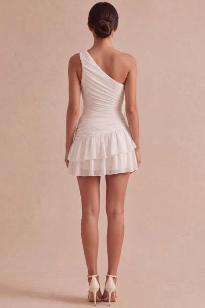 Ivory Mini Ruched Ruffled Bridal Shower Dress with 3D Flowers