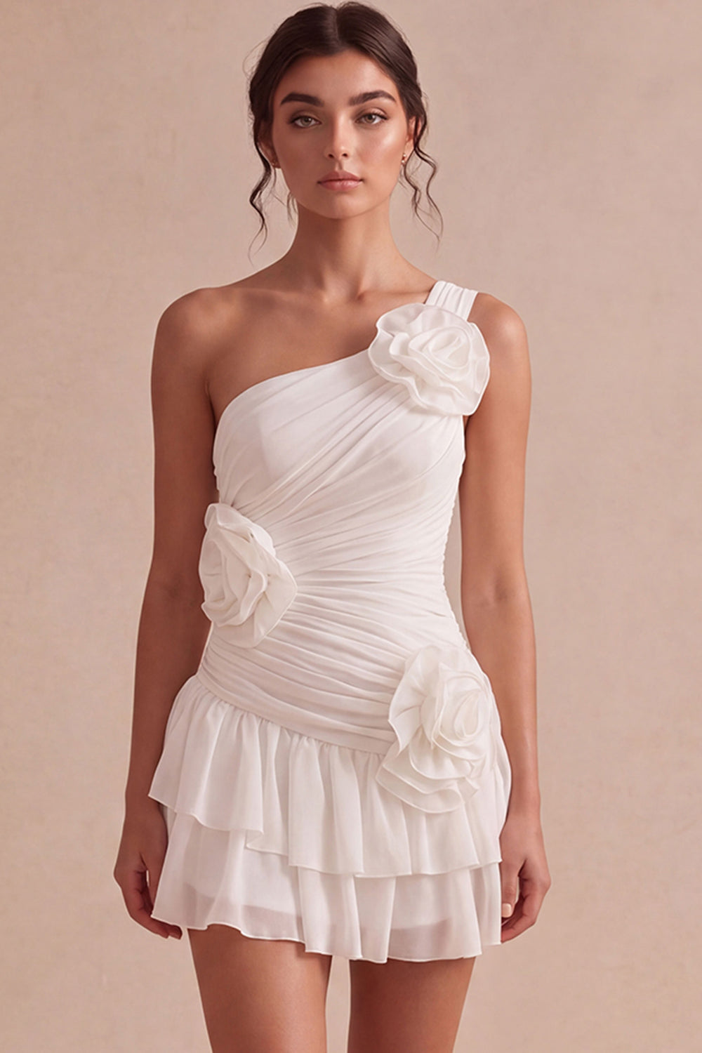 Ivory Mini Ruched Ruffled Bridal Shower Dress with 3D Flowers