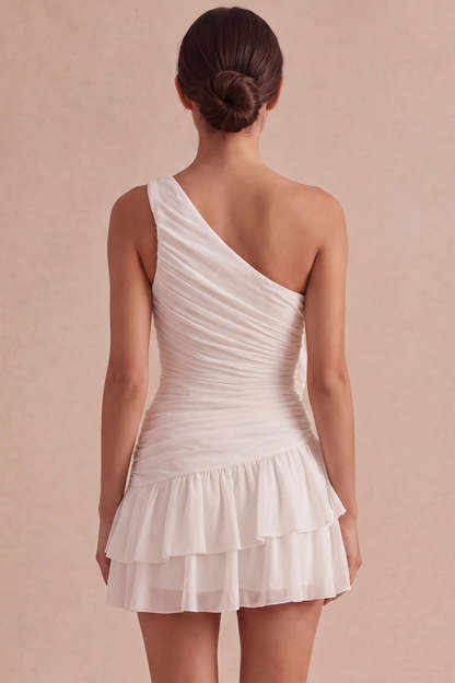 Ivory Mini Ruched Ruffled Bridal Shower Dress with 3D Flowers