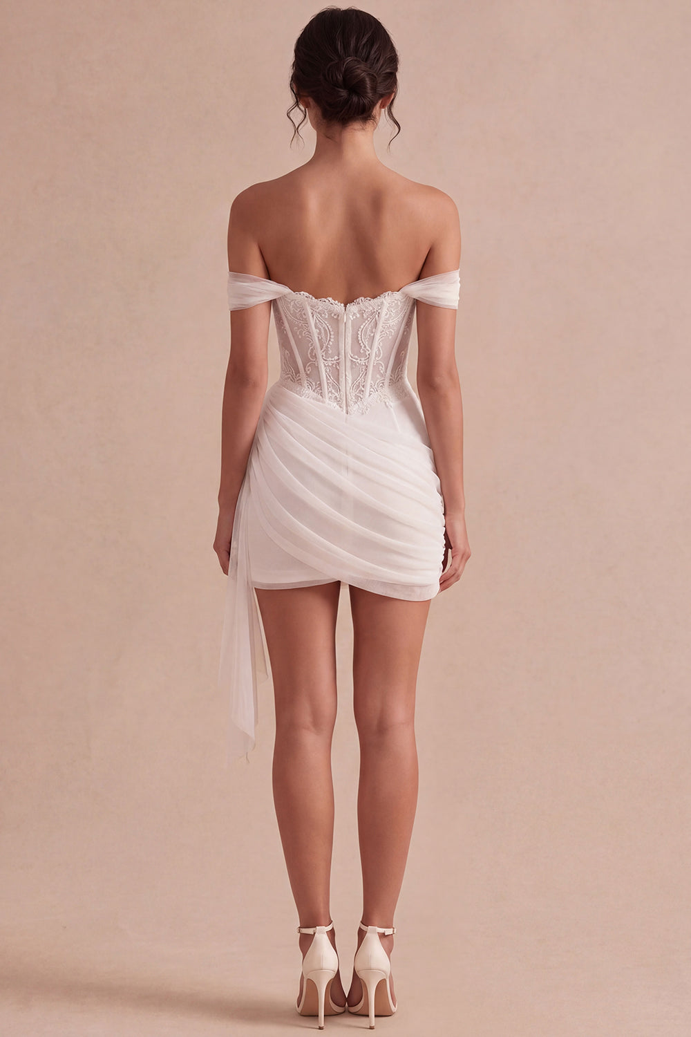 Ivory Mini Corset Bodycon Lace Bridal Shower Dress with Drape