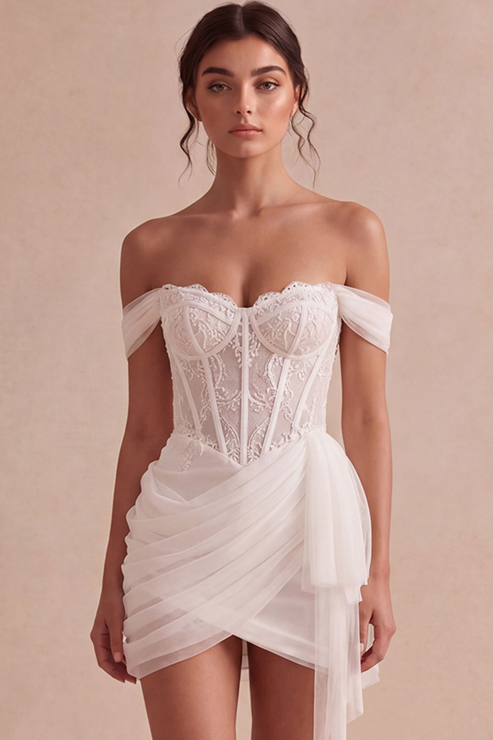 Ivory Mini Corset Bodycon Lace Bridal Shower Dress with Drape