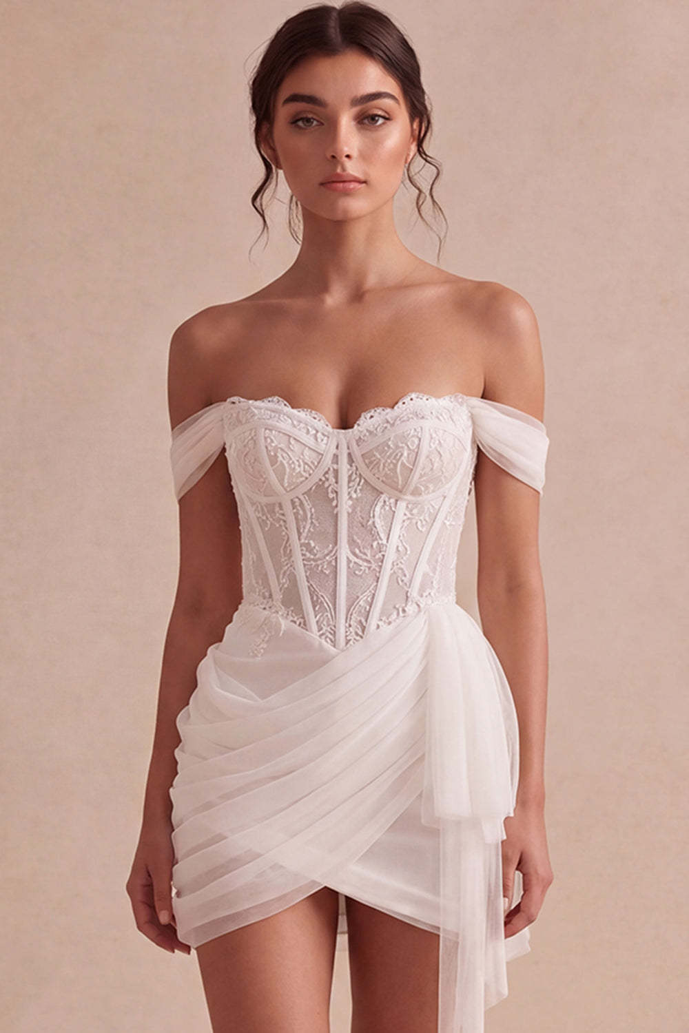Ivory Mini Corset Bodycon Lace Bridal Shower Dress with Drape