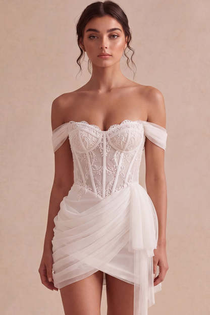 Ivory Mini Corset Bodycon Lace Bridal Shower Dress with Drape