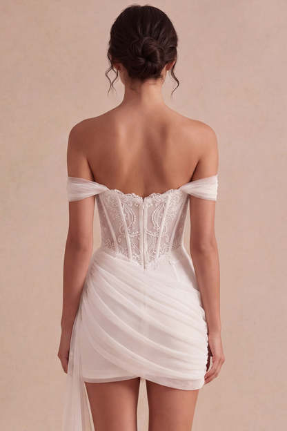 Ivory Mini Corset Bodycon Lace Bridal Shower Dress with Drape