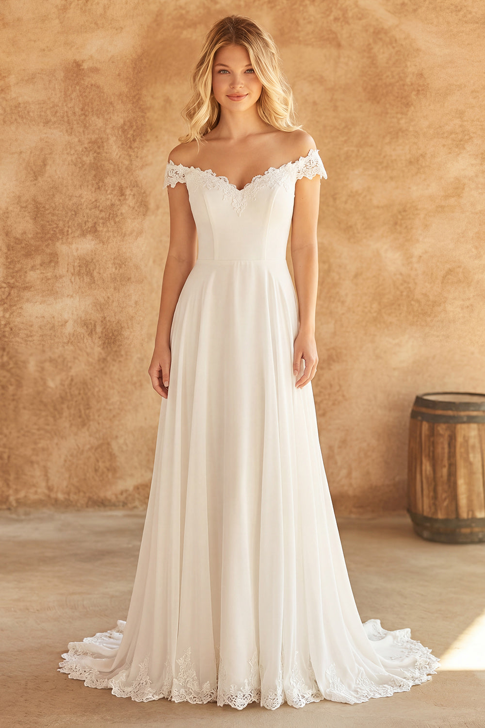 White A Line Off the Shoulder Swep Train Wedding Dress with Lace