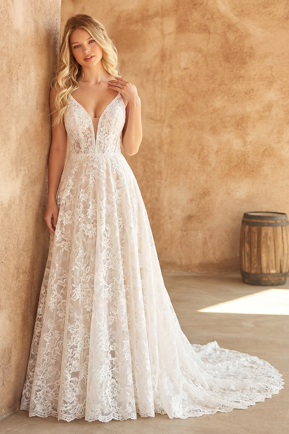 White A Line Lace V-Neck Backless Swep Train Wedding Dress