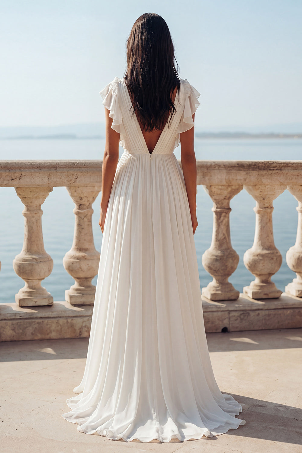 White A Line V-Neck Ruffled Swep Train Ruched Beach Wedding Dress with Slit