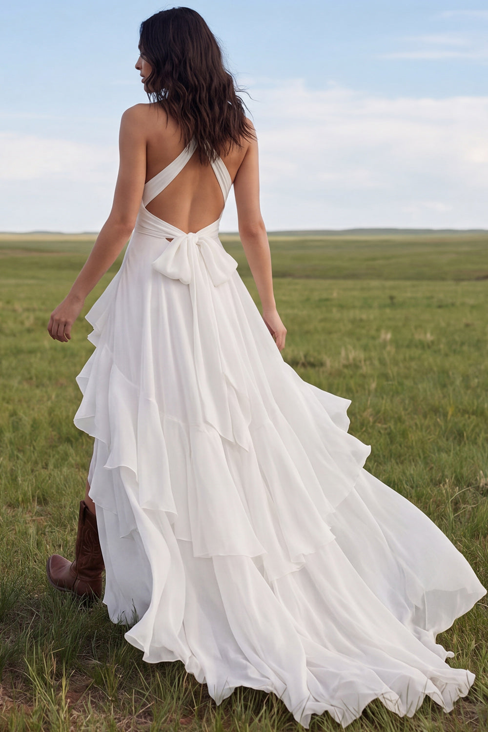 White Halter A Line Swep Train Western Wedding Dress with Ruffles