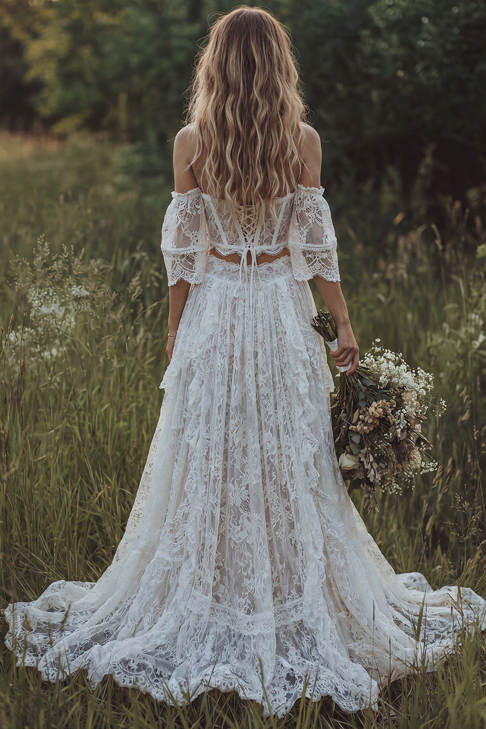 2 Piece White Lace Corset A Line Swep Train Boho Wedding Dress