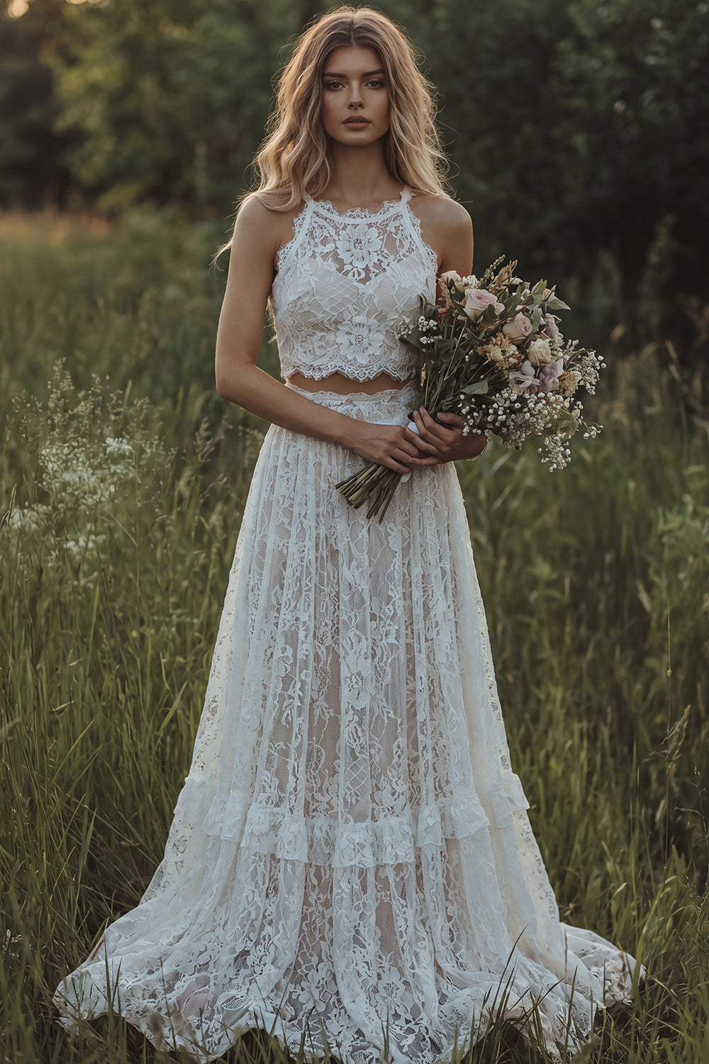 2 Piece White Lace A Line Halter Swep Train Boho Wedding Dress