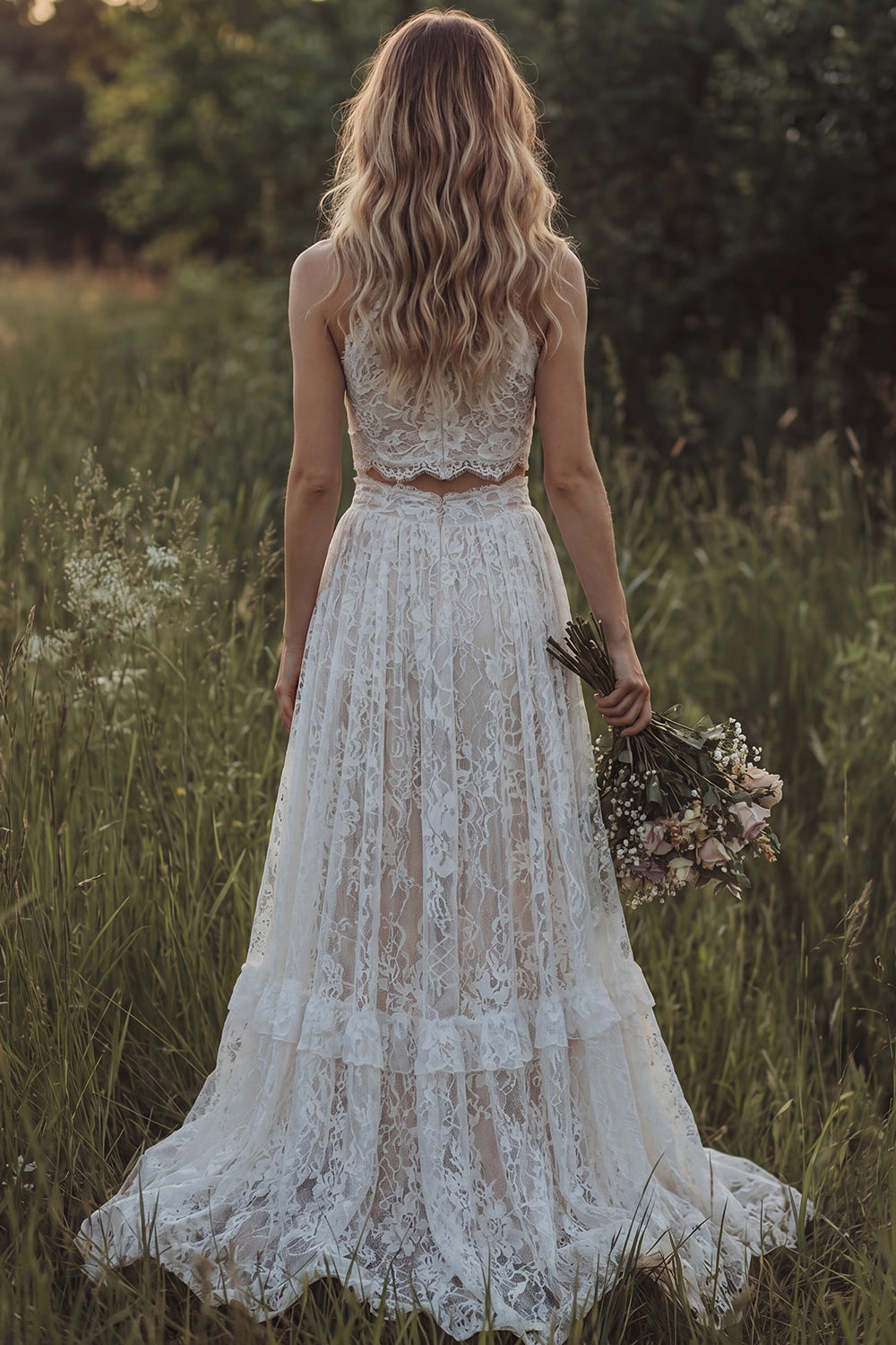 2 Piece White Lace A Line Halter Swep Train Boho Wedding Dress
